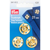 Gold 21mm snap fasteners on blue packaging, showing 3 Prym buttons. SKU: PRYM-341812, EAN: 4002273418120