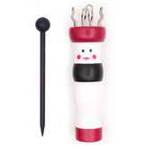 Muñeca de tejer de madera con parte superior roja, centro negro y cuerpo blanco, con un pincho morado. PRYM225102 4002272251025