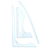 Tres reglas de costura de plástico transparente, incluyendo una regla de cadera curva y dos reglas rectas con marcas. LINIAAL-SET3-60CM-PLASTIC