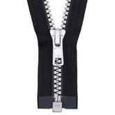 Schwarzer YKK Vislon teilbarer Reißverschluss, 50cm, mit silbernem Zipper und Zähnen. RITS-YKK-DB-VISLON-5-50-917