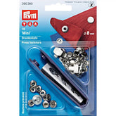 Broches Prym plateados mini, 8mm, 10 piezas, con herramienta, en empaque de cartón azul. PRM39360 4002273903602