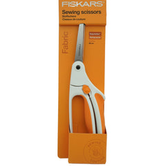 Fiskars Easy Action stofschaar 26 cm in oranje en witte verpakking, met productdetails FISKARS-EASY-ACTION-26CM.