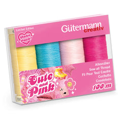 Close-up van een roze Gütermann naaigaren spoel, met focus op de draadtextuur, GUTERMANN-PINK4-713324, 4068075077866