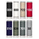 Ocho bobinas de hilo de coser Gütermann en negro, blanco, beige, rojo, marino, oliva, gris oscuro y gris claro. GM-BASIS-8X-200-SET