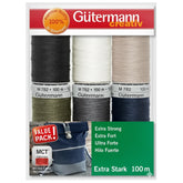 Voorkant van Gutermann Creativ Extra Sterk naaigaren set "Value Pack" met zes spoelen en een voorbeeld van een genaaide tas. GUTERMANN-STERK-SET-734528 | GUTERMANN-STERK-SET-734528