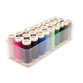 Caja de plástico transparente con 27 bobinas de hilo de coser Gütermann en varios tonos pastel y tierra, 100m cada una. GM-SET-BOX27-799749 4029395005151