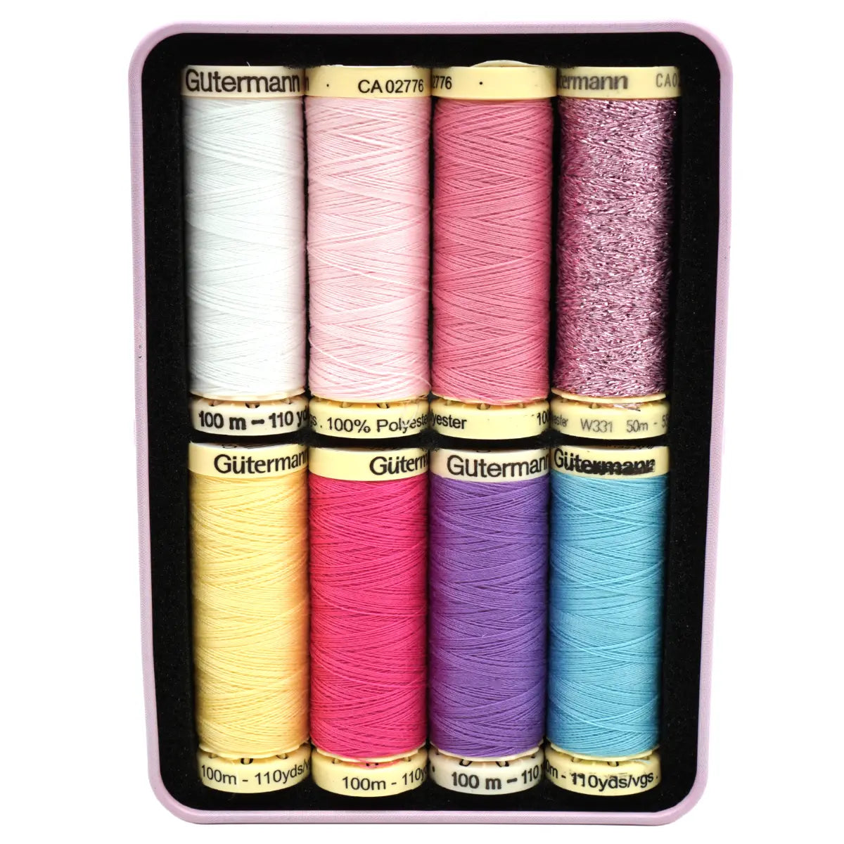 Open Gutermann Cute and Pink naaigarenbox met 7 spools 100m polyester garen in wit, roze, geel, paars, blauw en 1 spool 50m glitter metallic garen, GUTERMANN-PINK-SET-640960 4068075077538