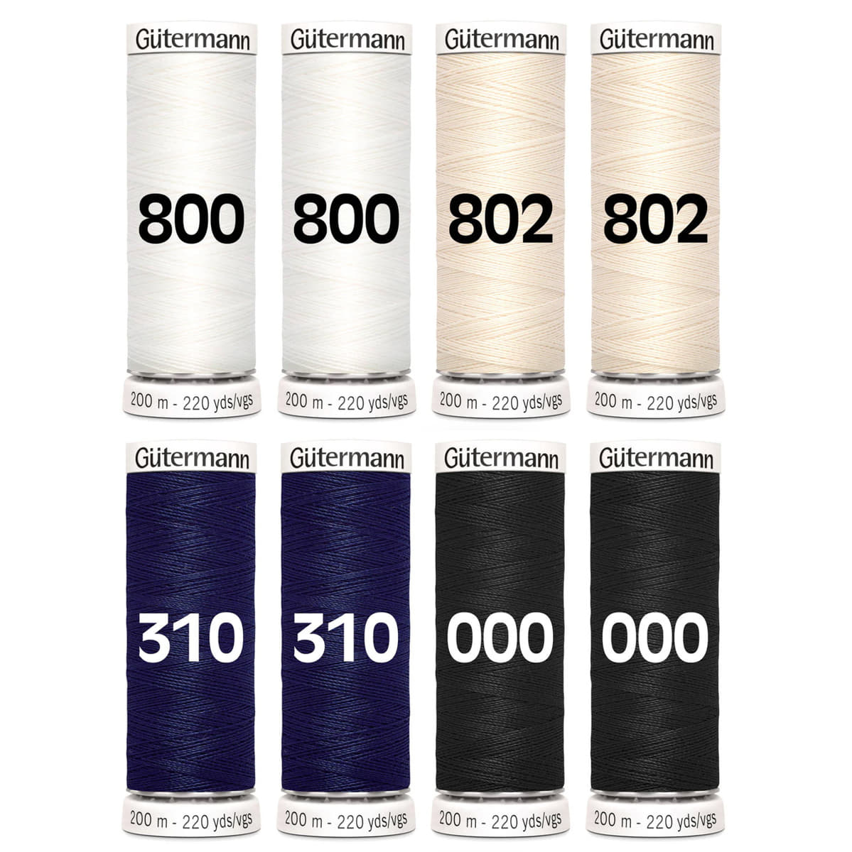 Gütermann wit ecru donkerblauw zwart set | 8x 200 meter naaigaren set GM - 8X - 200 - 800.802.310.000