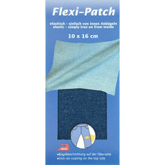 Verpakking van Kleiber Flexi-Patch Jeans Reparatiedoek, blauw, 10x16 cm, met instructies voor strijken aan de binnenkant. FLEXI-PATCH-JEANS-BLUE-REVERSE
