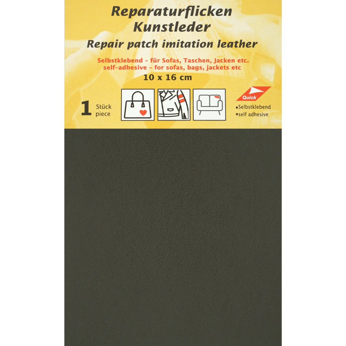 Patch de réparation imitation cuir gris foncé, 10x16cm, auto-adhésif, pour sacs, vestes, canapés. Pièce. 4005419001070