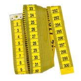 A bright yellow tape measure with black centimeter markings and a metal end, unrolled to show 300 cm. MEETLINT-300-GEEL-INCH