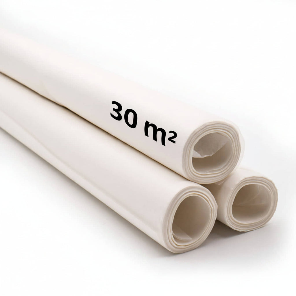 Drie witte rollen patroonpapier, één met '27 m²' tekst, op witte achtergrond. PATROONPAPIER-AANBIEDING-3 8717738652907