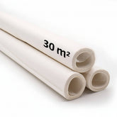 Trois rouleaux de papier patron blanc, un avec texte '27 m²', sur fond blanc. PATROONPAPIER-AANBIEDING-3 8717738652907