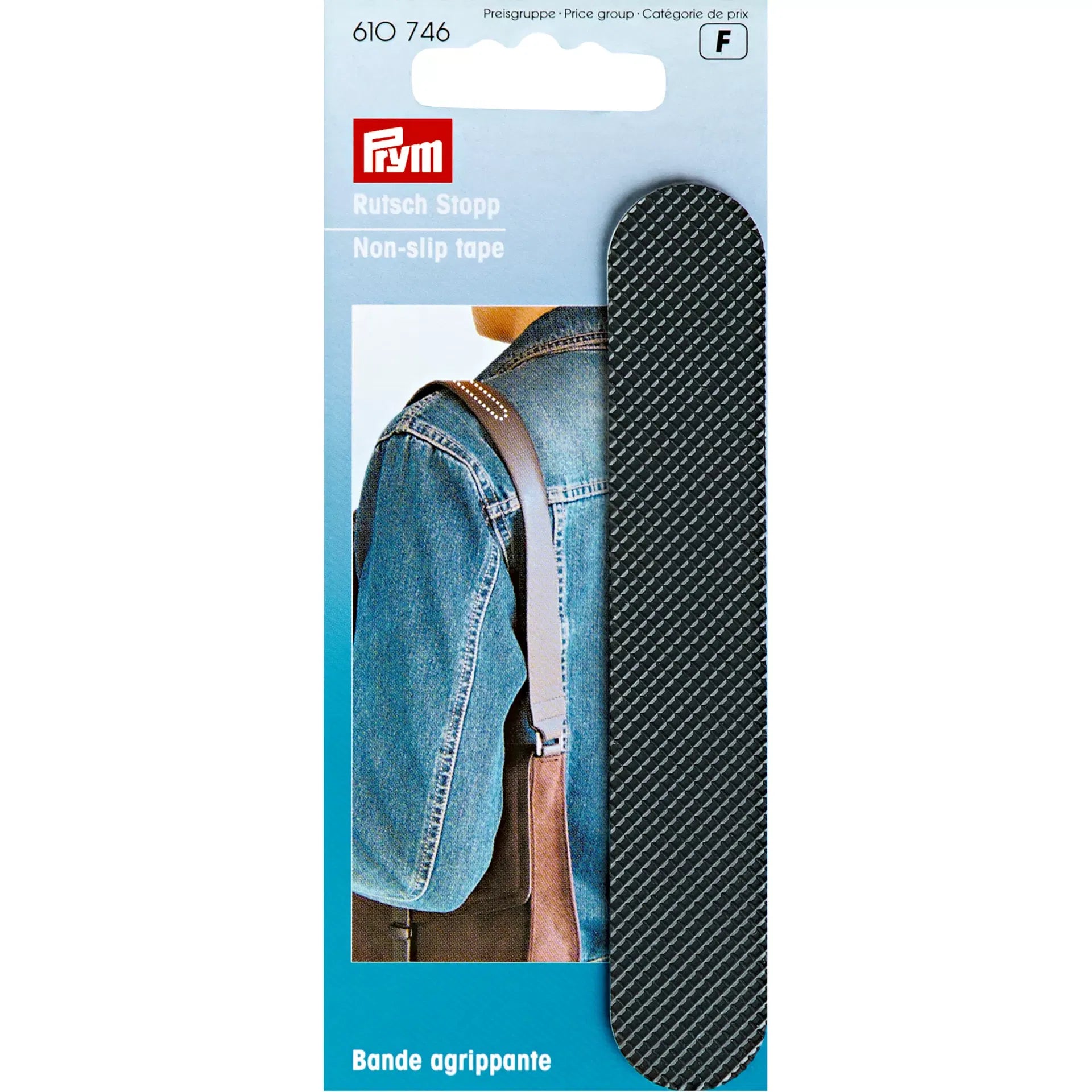 Prym Antislip Tape zwart op verpakking, getoond op een denim jas schouderband | 16107460 | 4002276107465