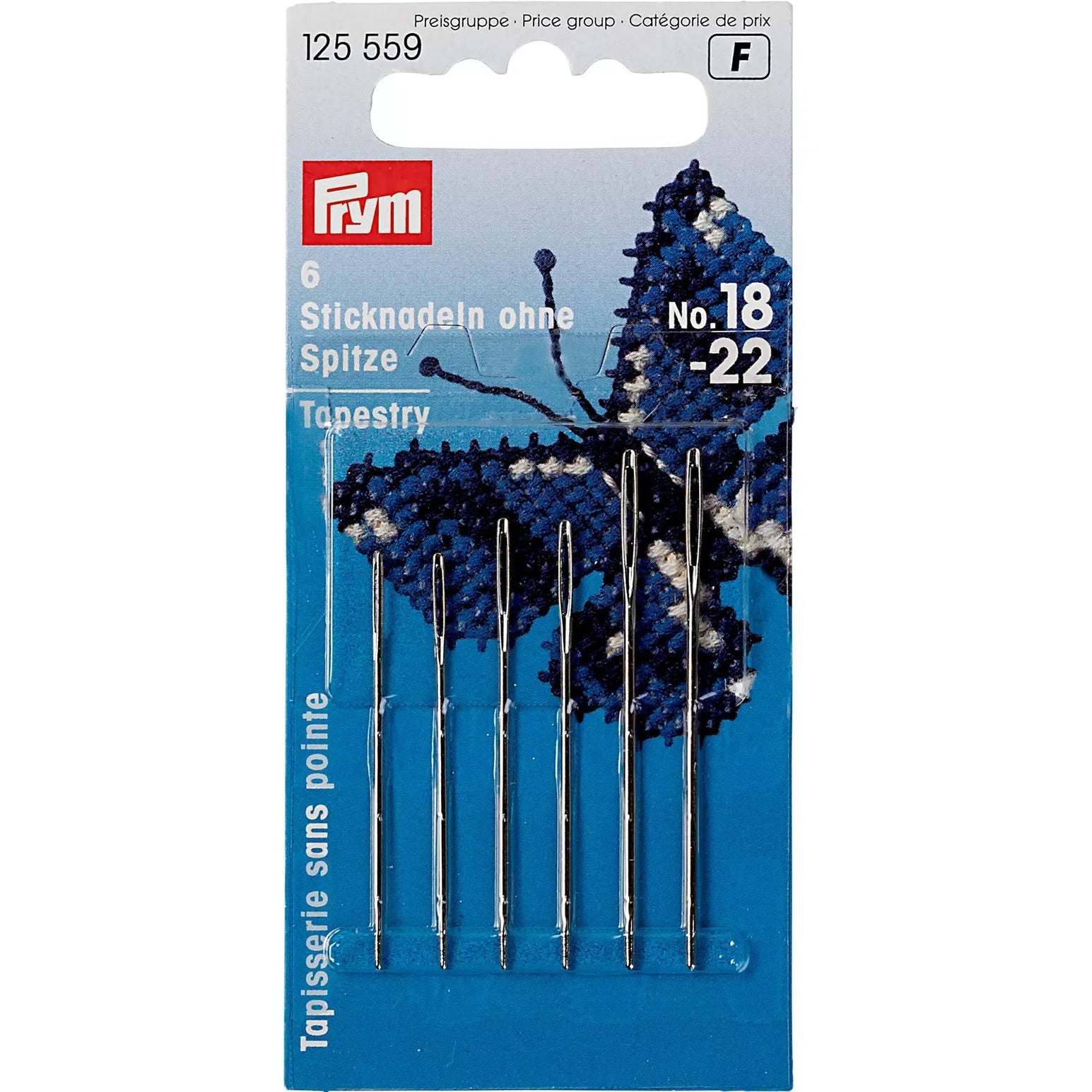 Verpakking van Prym borduurnaalden met stompe punt, 6 stuks, maat 18-22, met vlinder design | PRYM-125556 | 4002271255567