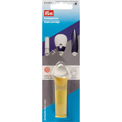 Verpakking van Prym gele krijt cartridge met productinformatie en Red Dot Design Award logo | PRYM-610957 | 4002276109575