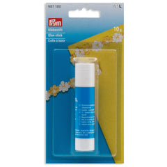 Prym Lijmstick 10g verpakt op een blauwe kaart met decoratieve bloemenrand | PRYM-987180 | 4002279154305