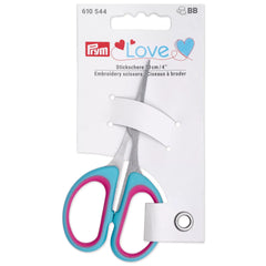 Verpakking van Prym Love borduurschaar 10 cm, met productinformatie en schaartje in mintgroen/roze | PRYM-610544 | 4002276105447
