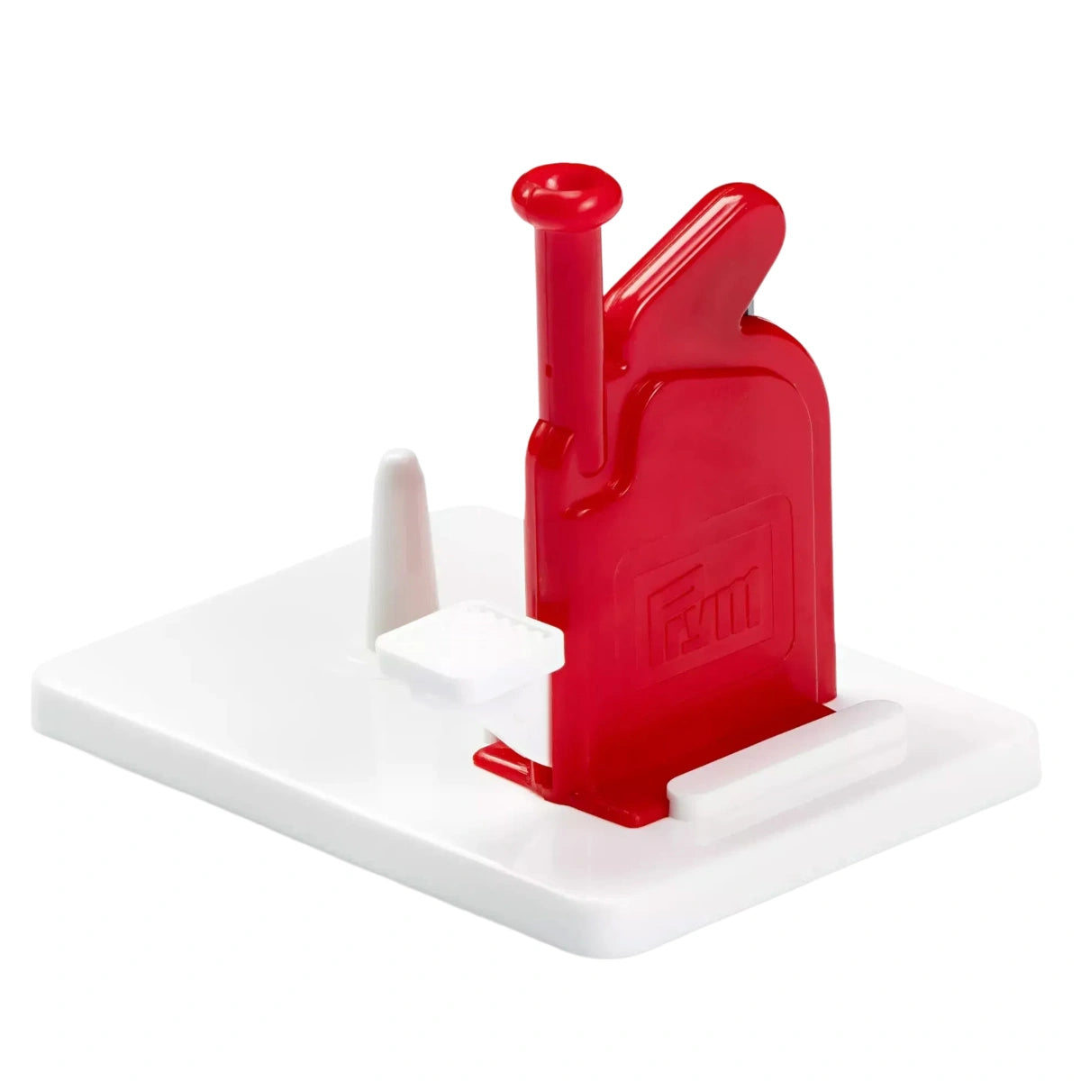 Enfile-aiguille Prym rouge et blanc avec logo en relief sur base blanche. 611120