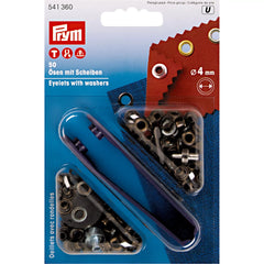 Verpakking van Prym oogjes met ringetjes, 4mm binnendiameter, antiek messing kleur, met 50 stuks. | PRYM-541360 | 4002275413604