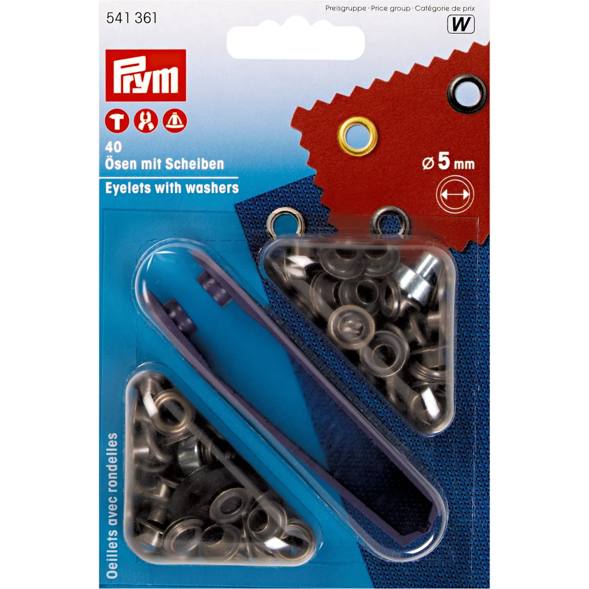 Prym oogjes en ringetjes set, 5mm, antiek messing, met applicator tool in blisterverpakking, SKU 541361 | PRYM-541361 | 4002275413611