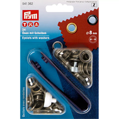 Prym oogjes met ringetjes, 8mm binnendiameter, antiek messing, verpakt op kaart met 24 stuks en bevestigingsgereedschap. | PRYM-541362 | 4002275413628