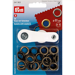 Prym oogjes met rondellen, 11mm binnendiameter, antiek messing afwerking, verpakt op blauwe kaart met productinformatie en Prym logo. 541363 4002275413635 | PRYM-541363 | 4002275413635