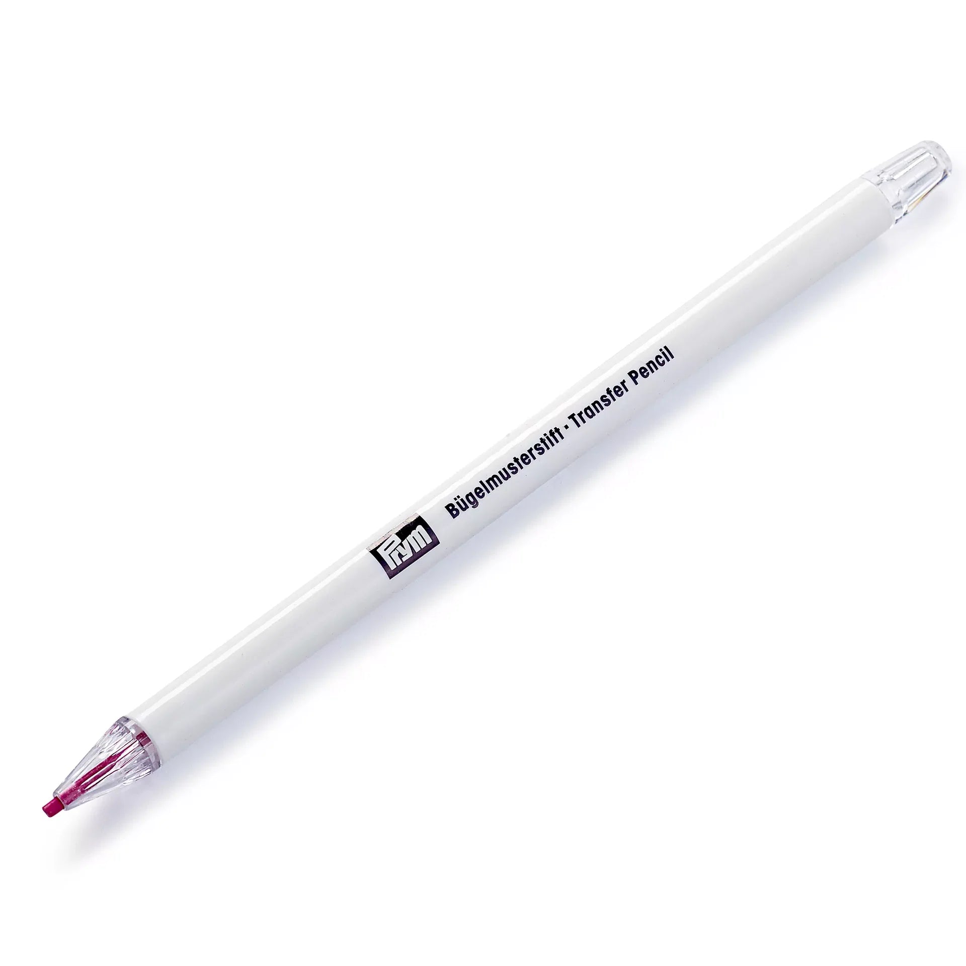 Wit Prym patroon tekenpotlood met rode punt en doorzichtige dop, met tekst "Bügelmusterstift • Transfer Pencil" | PRYM-611602 | 4002276116023