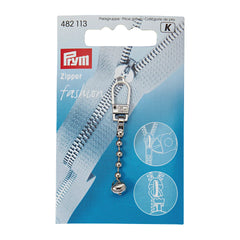 Verpakking van Prym ritslip met ball chain, zilverkleurig, met productinformatie en ritsafbeeldingen, SKU 482113 | PRYM-482113 | 4002274821134