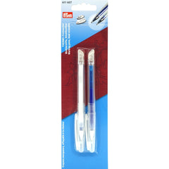 Prym Thermo Trick Marker Set with two heat-erasable pens, one white and one blue, in clear plastic packaging. PRYM-611607 4002276116078
