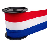 Rot-weiß-blau gestreiftes Band auf Spule, Stoffmaterial, ideal für Dekorationen. RWBLINT-10CM-ROL25M