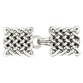 Cierre de chaleco de metal plateado con intrincado diseño de nudo celta, con dos piezas de nudo cuadradas entrelazadas. 1234567890123