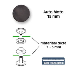 Drukknopen set voor dik materiaal | zwart | 15mm | 10 stuks Drukknopen KIN - AUTO - 15MM - ZWART 8590265102431