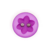 A round, matte fuchsia button with a darker fuchsia flower design and two holes, 14mm diameter. KNP00131