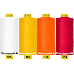 Cuatro bobinas de hilo Gütermann Mara 100% poliéster en blanco, amarillo, naranja y rojo. MARA-SET-800-106-351-156