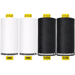 Dos bobinas de hilo de poliéster Gütermann Mara 1000m blanco y negro, etiquetadas 800 y 1274. MARA-SET-800-800-1274-1274