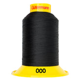 Bobine de fil noir Gütermann MaraFlex avec base et capuchon jaunes, "000" visible. GUTERMANN-MARAFLEX-1500M-000
