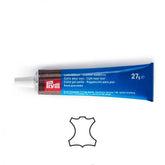 Tubo azul de pegamento para cuero Prym, 27g, con texto multilingüe y símbolo de cuero. PRYM-968010 4049909680100