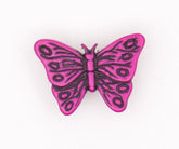 A bright pink butterfly button with black intricate wing details, 22x17mm, KNP00044