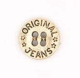 Een enkele goudkleurige metalen knoop met "ORIGINAL JEANS" tekst en vier gaten, KNP00153
