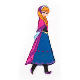 Embroidered iron-on patch of Princess Anna in a blue dress with pink trim, walking. FROZEN-3405