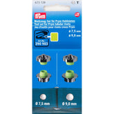 Juego de herramientas Prym para remaches tubulares de 7,5mm y 9mm, mostrando cuatro herramientas de metal y plástico verde en embalaje. PRY673128 4002276731288