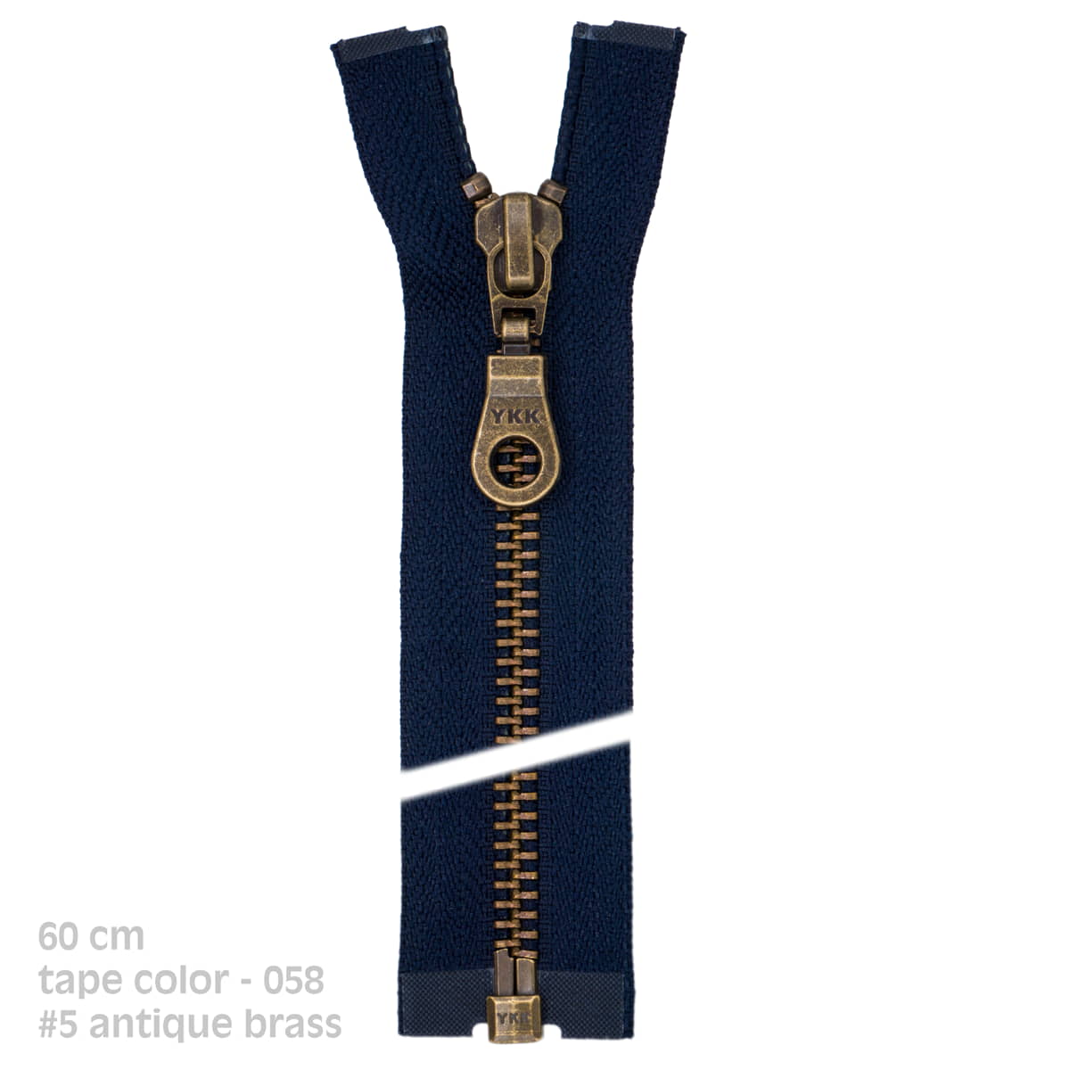 Rits deelbaar YKK metaal 5i - brons - 60cm - 058 donkerblauw Deelbare Rits YKK - DIV - #5 - ANTIQUE - BRASS - 60 - 058 - DBLUE