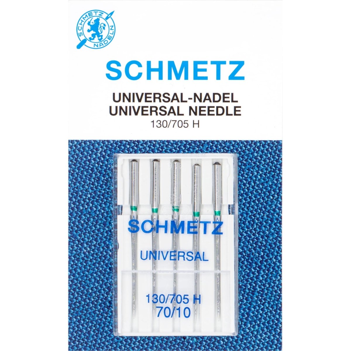 Schmetz Universal Nadeln 70/10 in einer durchsichtigen Plastikverpackung, mit 5 silbernen Nadeln mit grünen Bändern. SCHMETZ-UNIVERSAL-70 4006589000345