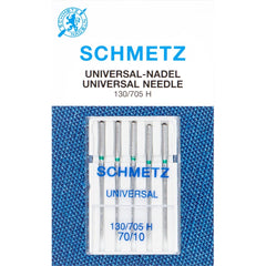 Schmetz Universal Nadeln 70/10 in einer durchsichtigen Plastikverpackung, mit 5 silbernen Nadeln mit grünen Bändern. SCHMETZ-UNIVERSAL-70 4006589000345