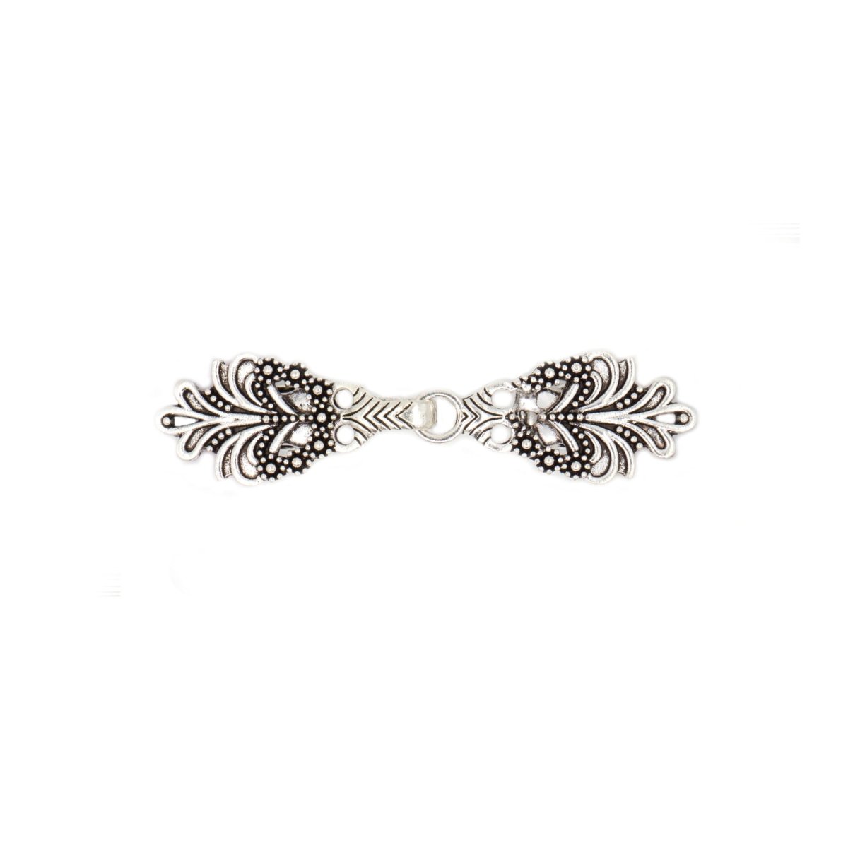 Vestsluiting pluim zilver met haak en oog 75x20mm Vestsluiting PLUIM - ZILVER