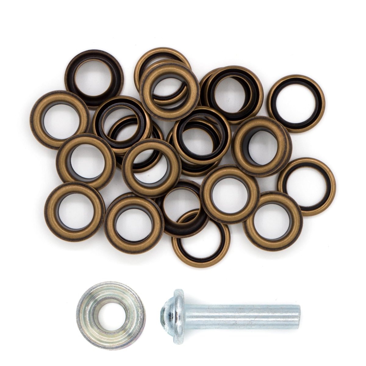 Zeilringen brons 11mm 15 stuks met stempel gereedschap Zeilringen - Nestelringen ZEILRING - FK - 11 - BRONS