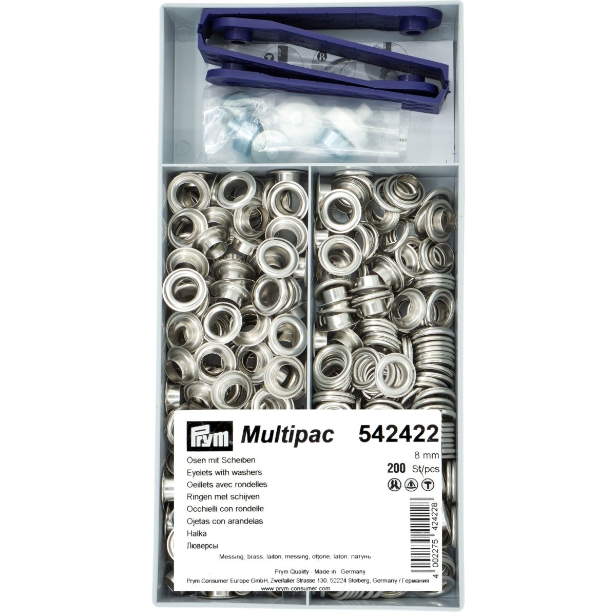 Zeilringen Prym zilver 8mm 200 stuks met stempel gereedschap Zeilringen - Nestelringen PRM542422 4002275424228