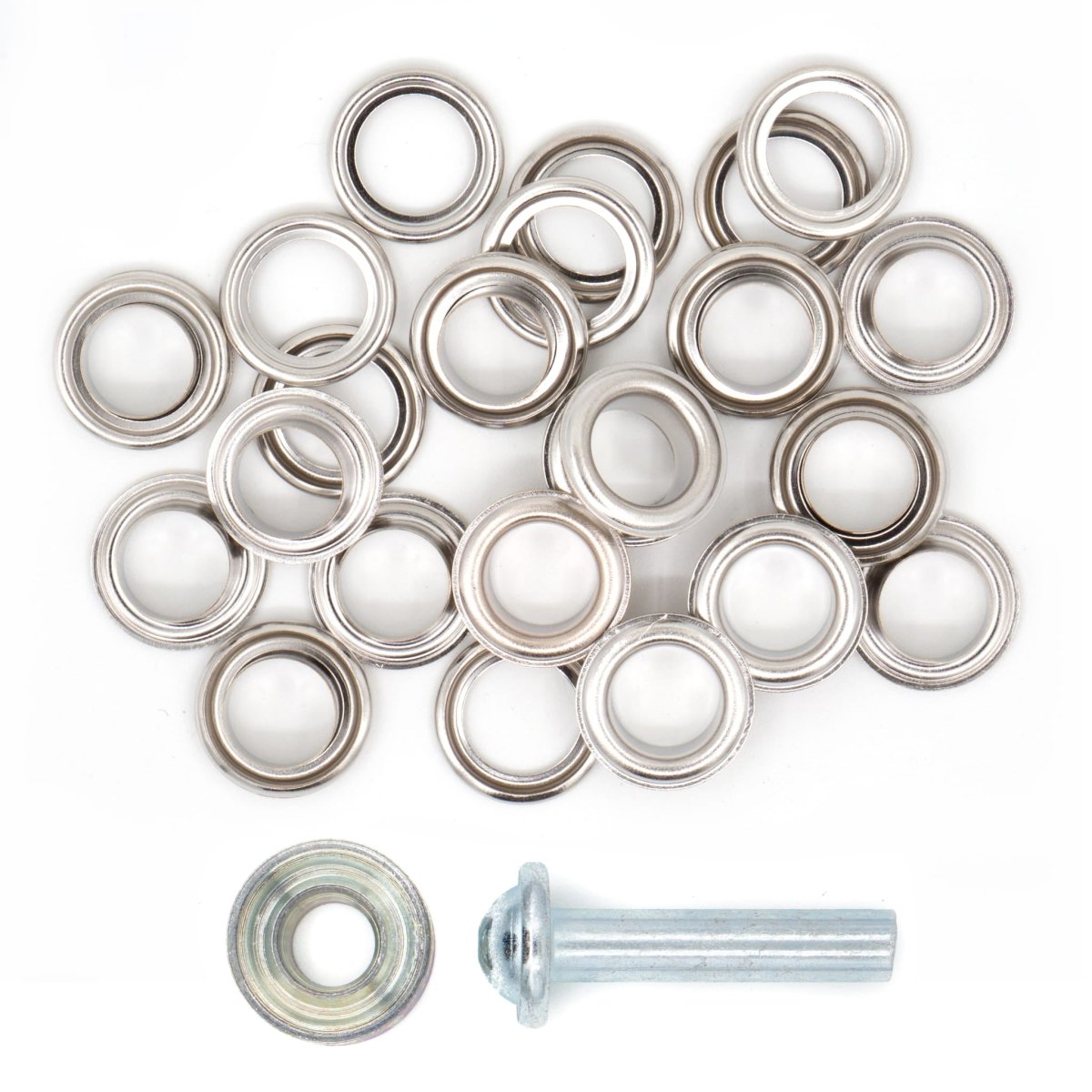 Zeilringen zilver 11mm 15 stuks met stempel gereedschap Zeilringen - Nestelringen ZEILRING - FK - 11 - ZILVER