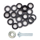Black eyelets and a metal setting tool shown on a white background. ZEILRING-FK-11-ZWART